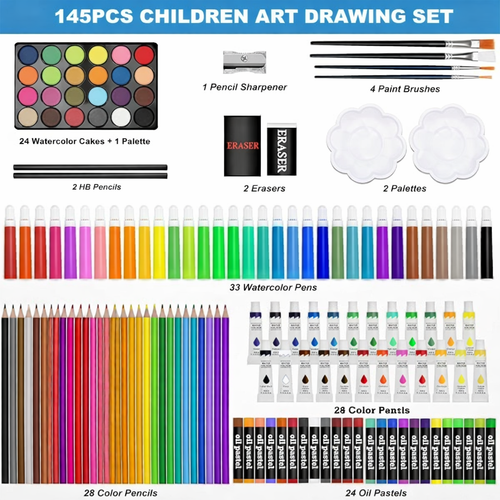145 PCS Kids Art Drawing & Coloring Set with Aluminium Case – Watercolor Pens, Oil Pastels, Color Pencils, Paint Set & Brushes – Complete Art Kit for Children