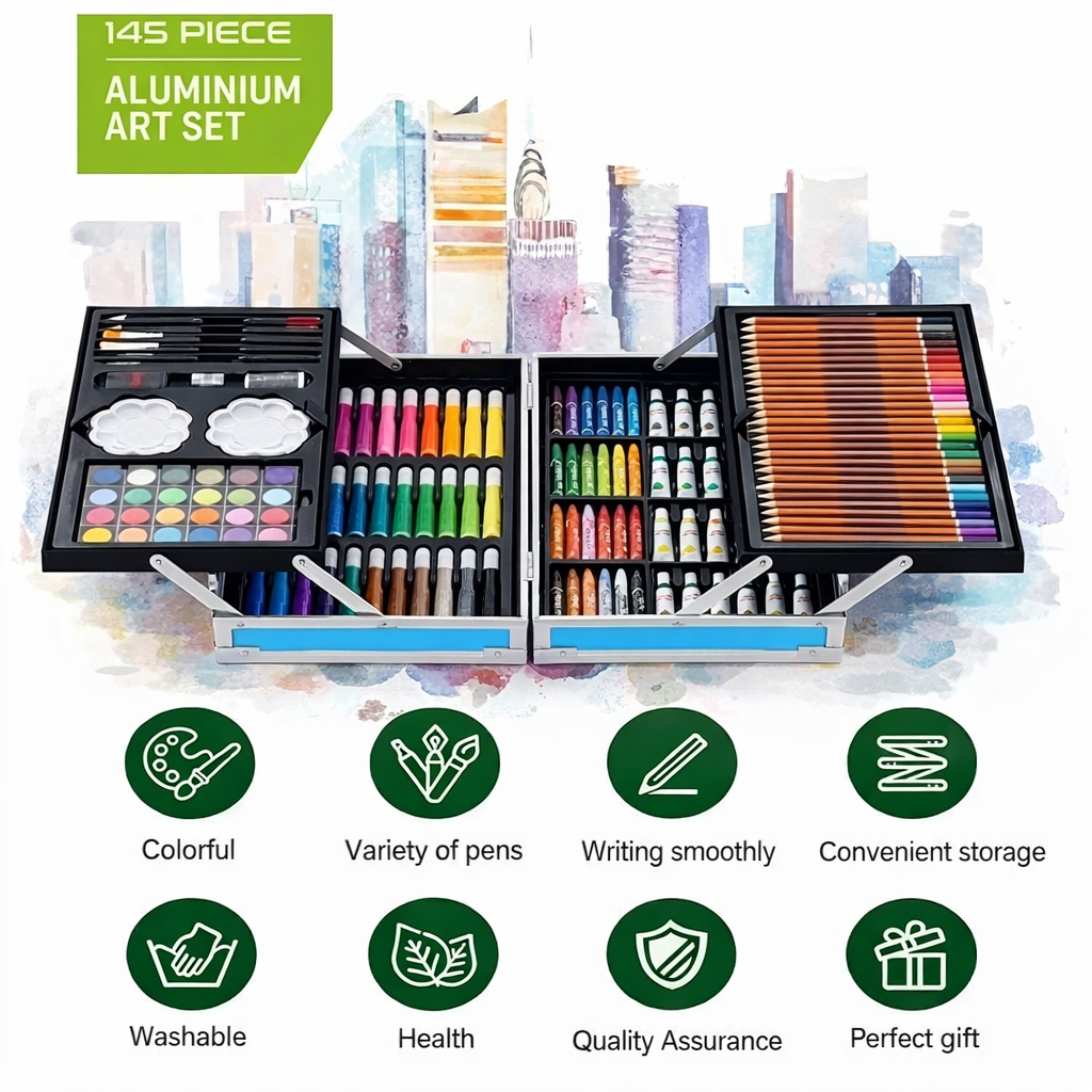 145 PCS Kids Art Drawing & Coloring Set with Aluminium Case – Watercolor Pens, Oil Pastels, Color Pencils, Paint Set & Brushes – Complete Art Kit for Children
