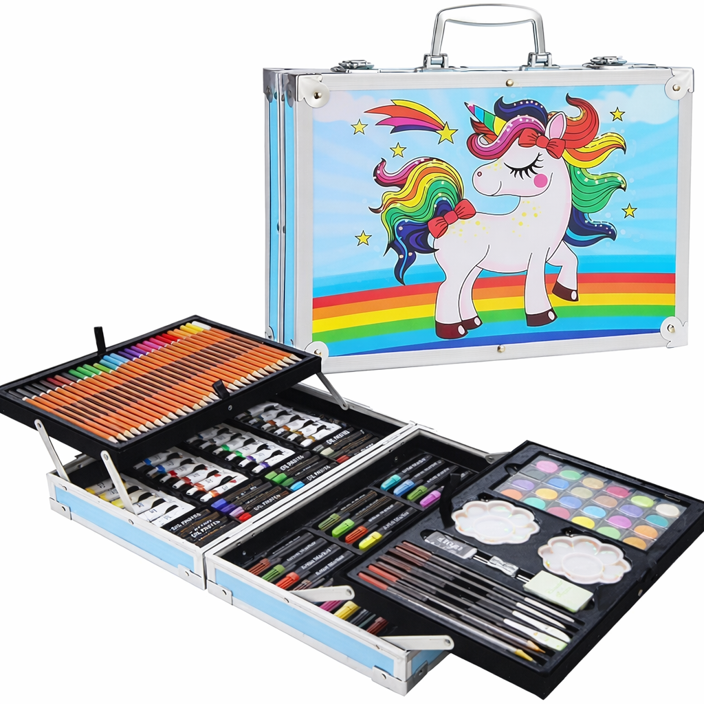 145 PCS Kids Art Drawing & Coloring Set with Aluminium Case – Watercolor Pens, Oil Pastels, Color Pencils, Paint Set & Brushes – Complete Art Kit for Children